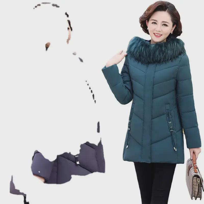 Mamčin zimní kabát nadměrné velikosti: Bunda střední délky, silně vatovaná bavlnou, pro stylové ženy středního a staršího věku.