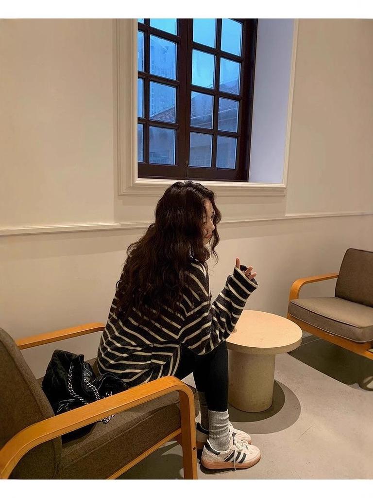 Autumn/Winter Japanese Style Color Block Stripe Loose Fit Round Neck Top