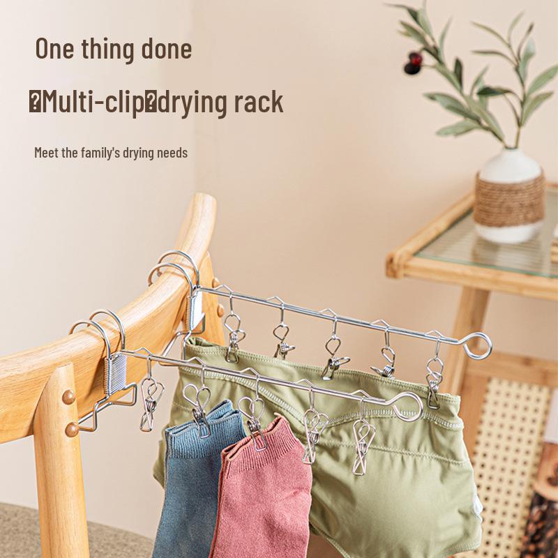 Windproof Stainless Steel Clothesline Clips & Double Hook Sock/Shoe Drying Rack