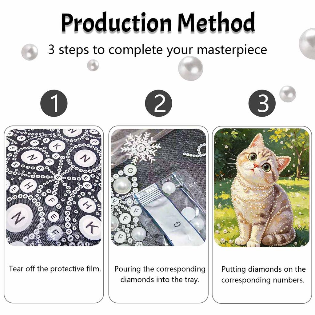 Cute Cat Pearl Pattern 5D Pearl Painting Kit with Frame DIY Sparkling Bead Canvas Art Relaxing Craft for Girls Room Decor Handmade Wall Gift