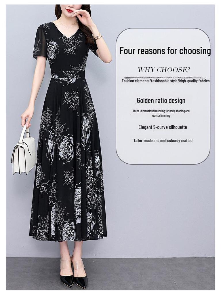 Spring/Summer 2024 V-Neck Floral Black Midi Dress - Plus Size Women's High-End Collection