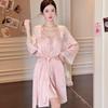 Flower Fairy Ice Silk Long Sleeve Nightdress Set with Lace and Chest Pads