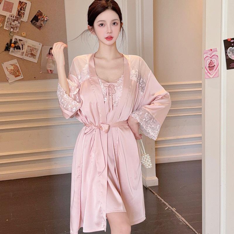 Flower Fairy Ice Silk Long Sleeve Nightdress Set with Lace and Chest Pads