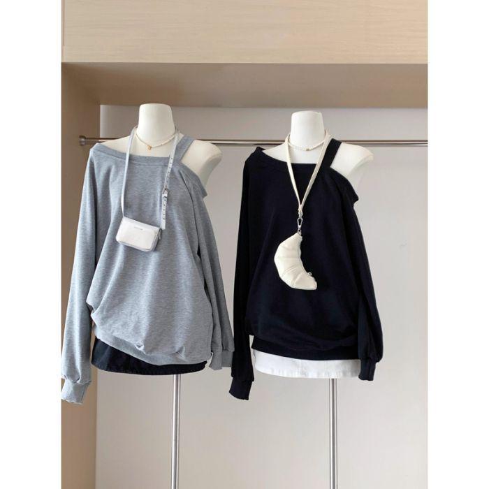 Women's Off-the-Shoulder Gray Sweatshirt 2025 - Loose, Mid-Length, Oversized Top for Spring and Autumn