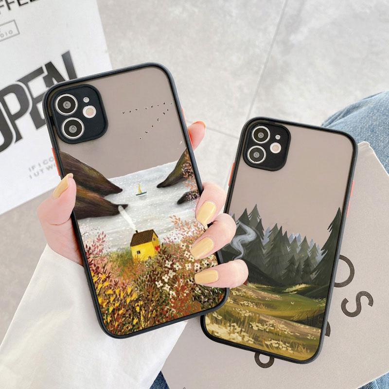 Retro Scenery Painted Phone Case For iphone 16 7 8 Plus SE2 X XS XR 16 14 12 13 11 Pro Max Large Flower Fields Log Cabin Covers