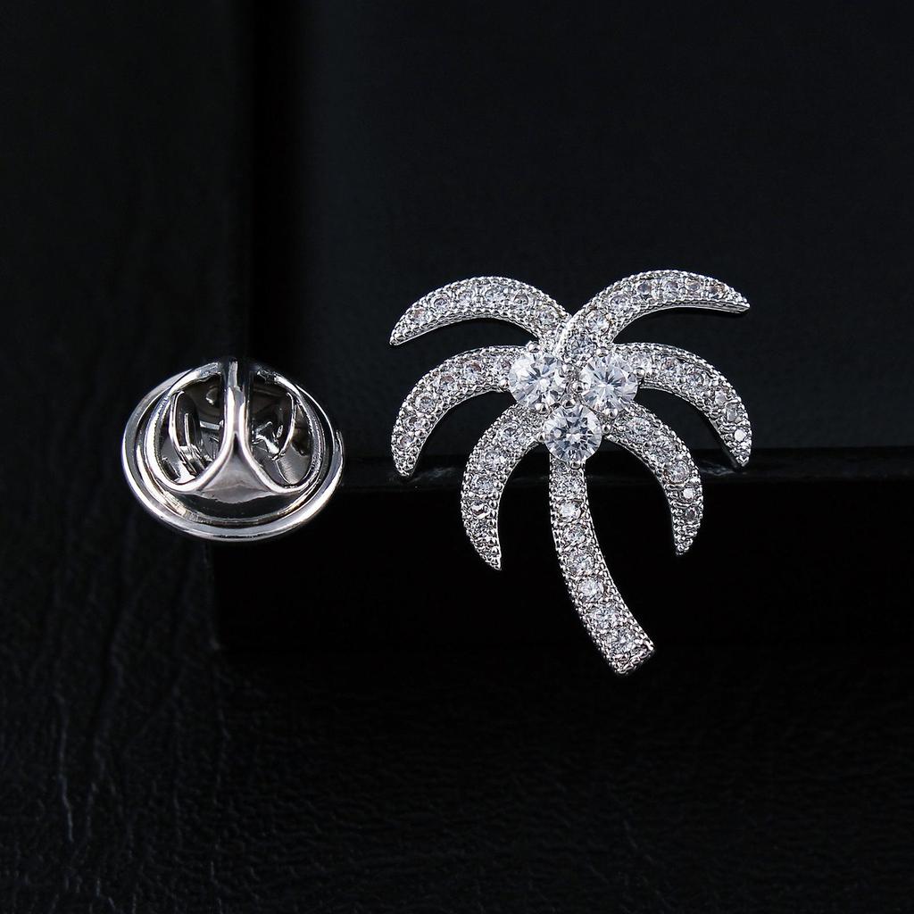 Men's Personalized Coconut Tree Brooch: High-End Zirconia Lapel Pin & Anti-Exposure Button for Women's Shirts