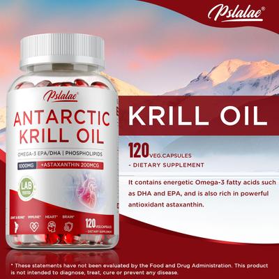 Antarktický krilový olej 1000 mg, obsahuje fosfolipidy Omega-3 a astaxanthin, antioxidantní podpora, vhodný pro dospělé.