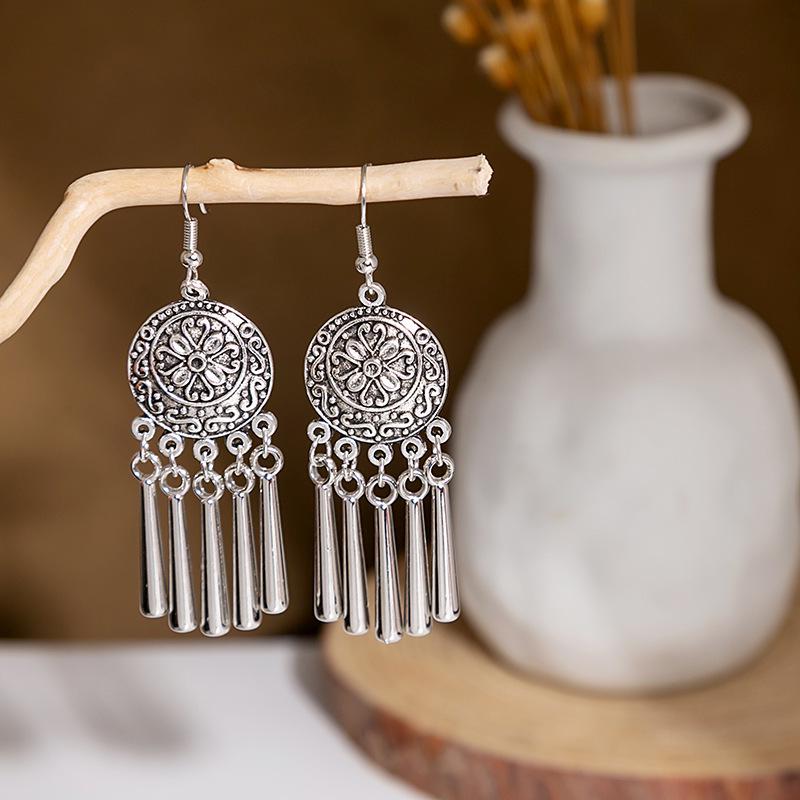 Peacock Tassel Earrings with Hollow Leaf Design in Retro Ethnic Style Imitation Silver for Women