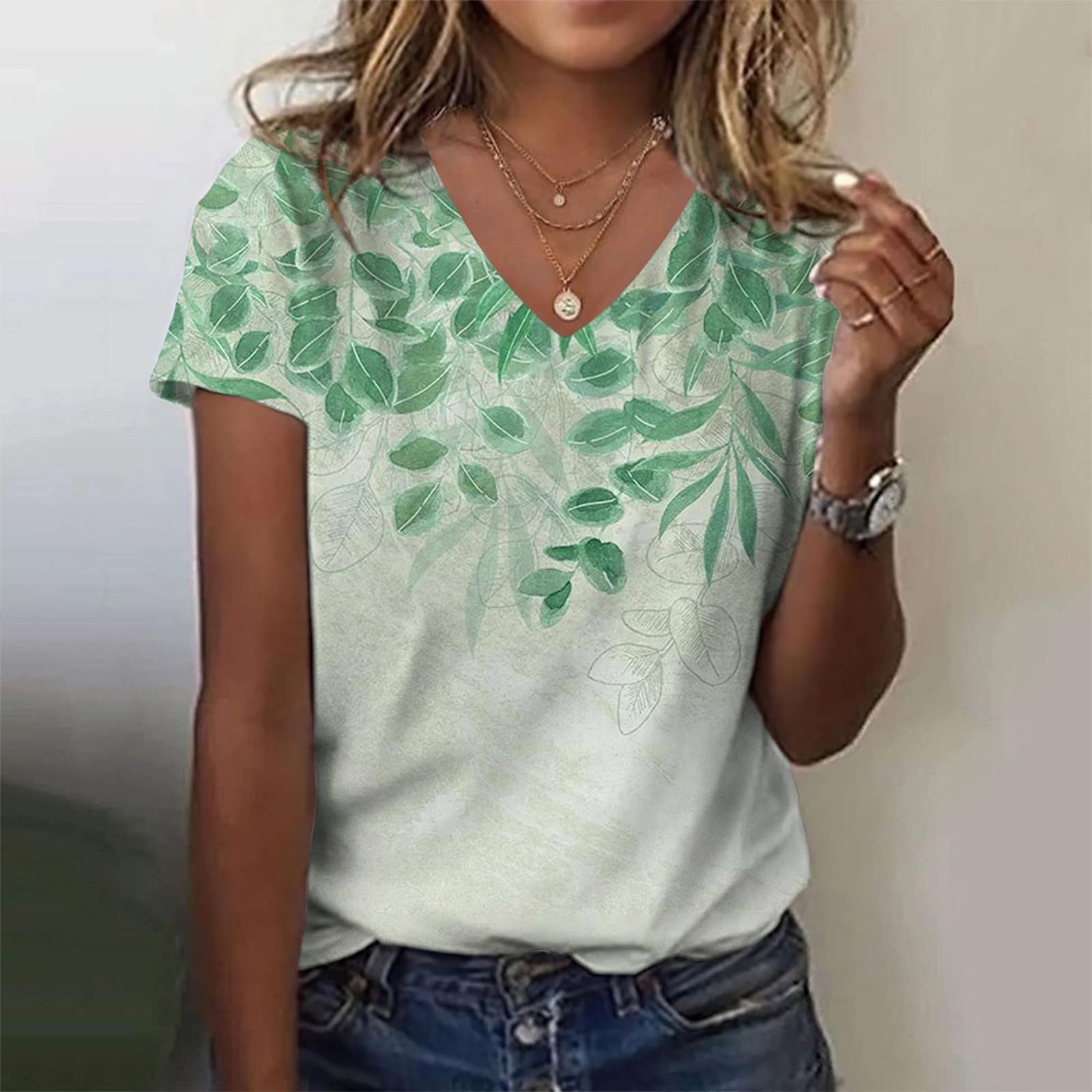Женская модная повседневная блузка с v-образным вырезом и коротким рукавом с принтом — фото 6