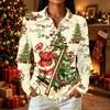 Women's Casual Christmas Print Button Down Long Sleeve Shirt with Collar and Side Slits