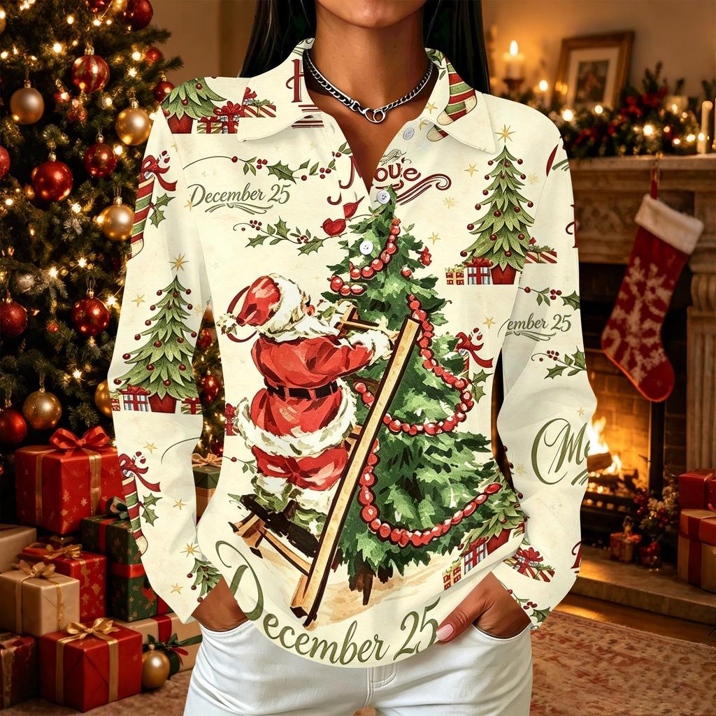 Women's Casual Christmas Print Button Down Long Sleeve Shirt with Collar and Side Slits