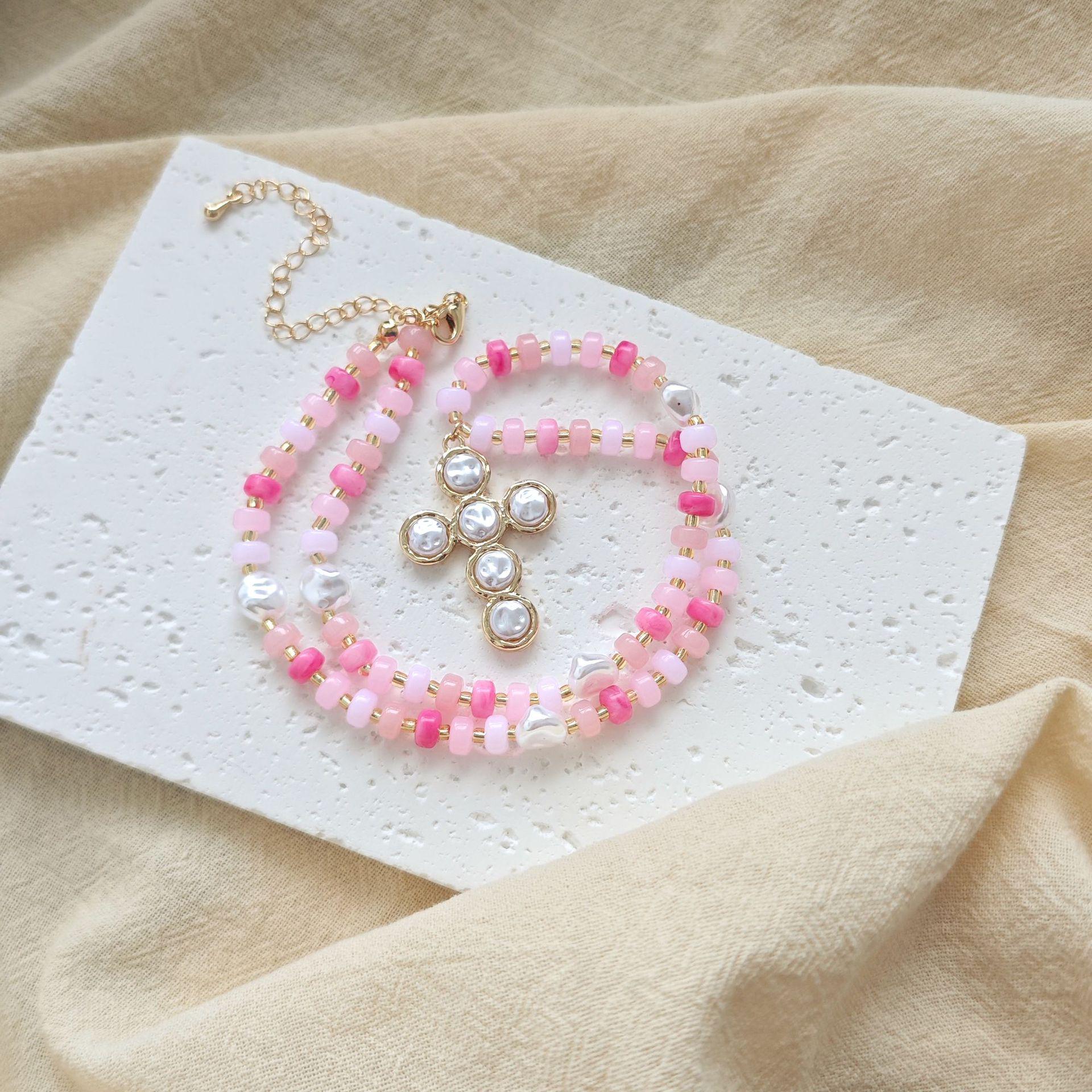 Korean Sweet Macaron Beaded Pearl Cross Pendant Necklace for Women розовый