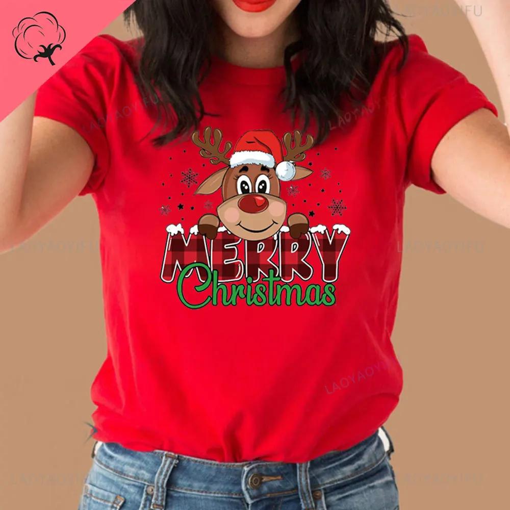 Merry Christmas Moose Graphics T-shirt Women Christmas Shirts Funny Christma Tops Fashion Harajuku Kawaii T-shirt Y2K Clothing