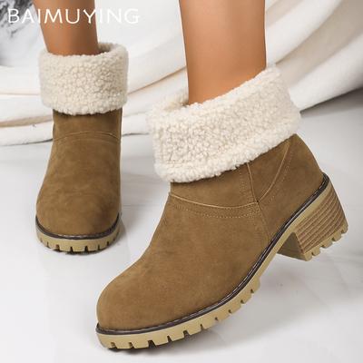 Fur Women Snow Ankle Boots Suede Mid Heels Designer Shoes Short Plush Chunky Chelsea Boots 2024 Trend Winter Pumps Botas Mujer