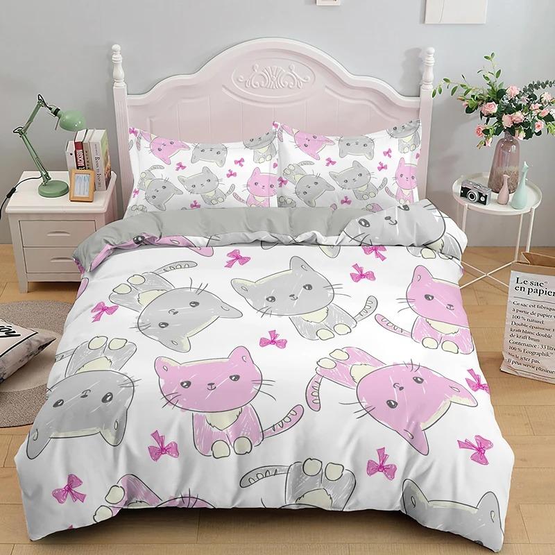 Colección de Ropa de Cama de Dibujos Animados Gatos Lindos Estampados Colección de Fundas Nórdicas 3D Tamaño Individual Matrimonial Queen King Doble Funda de Almohada Ropa de Cama 23 Piezas Para Niños