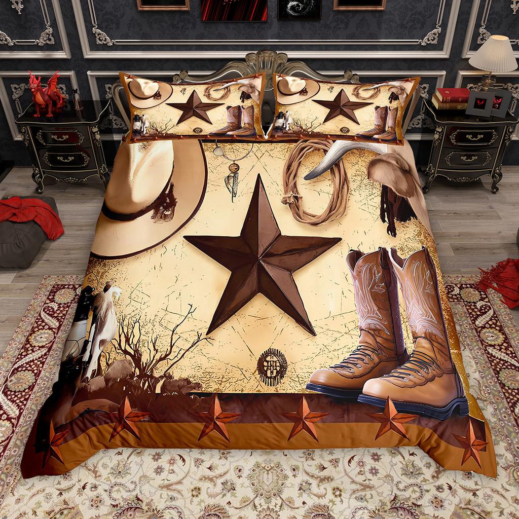 Homewish Southwestern Cowboy Cowgirl Duvet Cover Set 2pcs/3pcs, Rustic Texas Star Bedding, Retro Hat Boots Quilt Cover Set