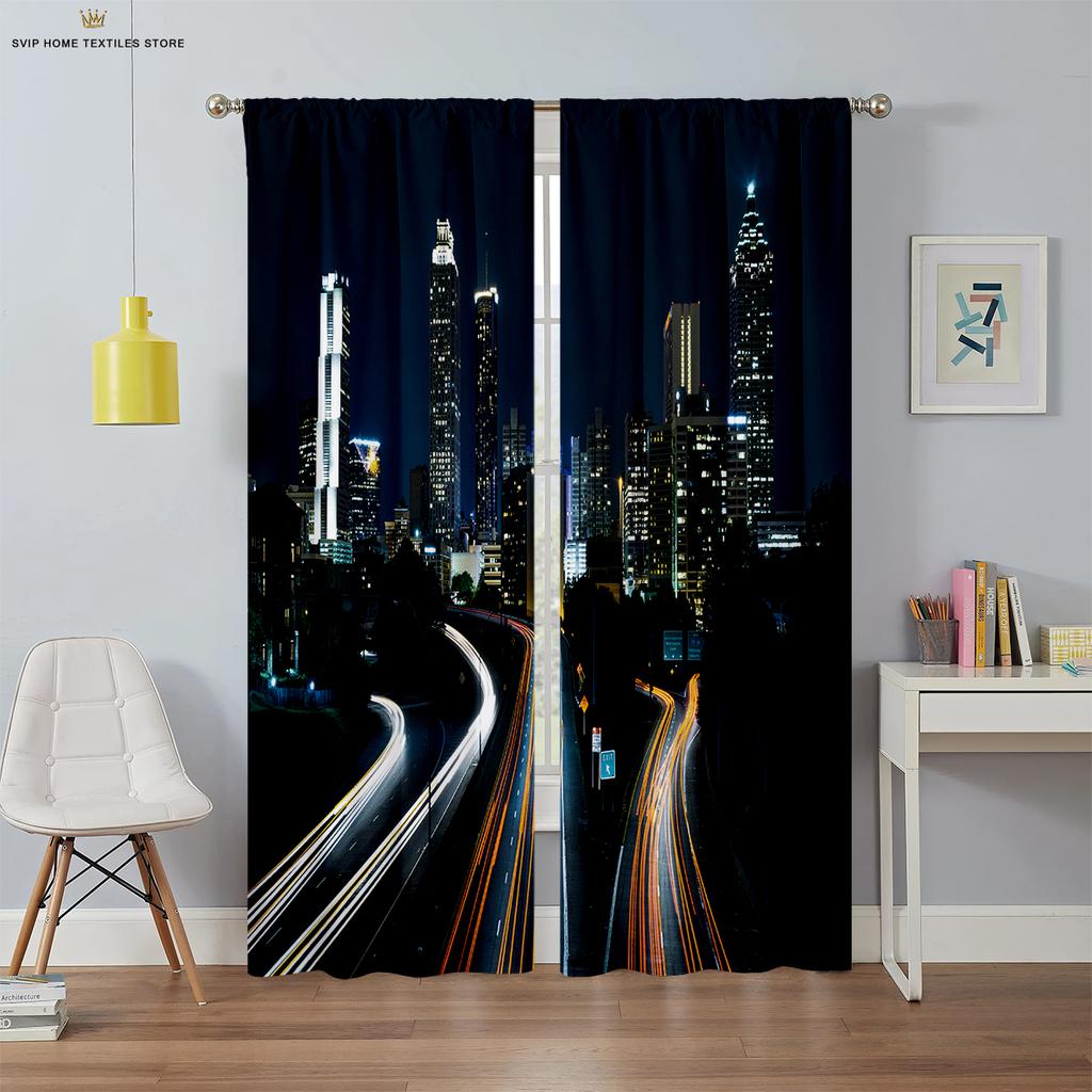 City Night View Building 3d Printing Curtains Living Room Study Bedroom Blackout Curtains High Quality Black Silk Material 2 Pcs