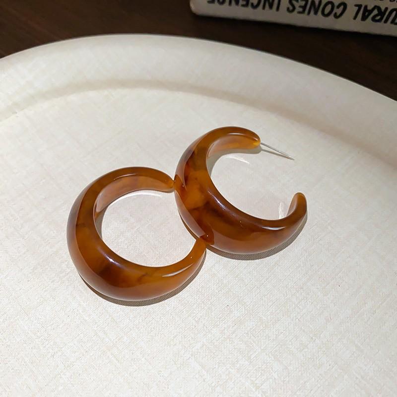 Silver Needle Retro Resin Geometric Round Oval Pendant Earrings Maillard Style Stud Earrings Niche Design Earrings Women