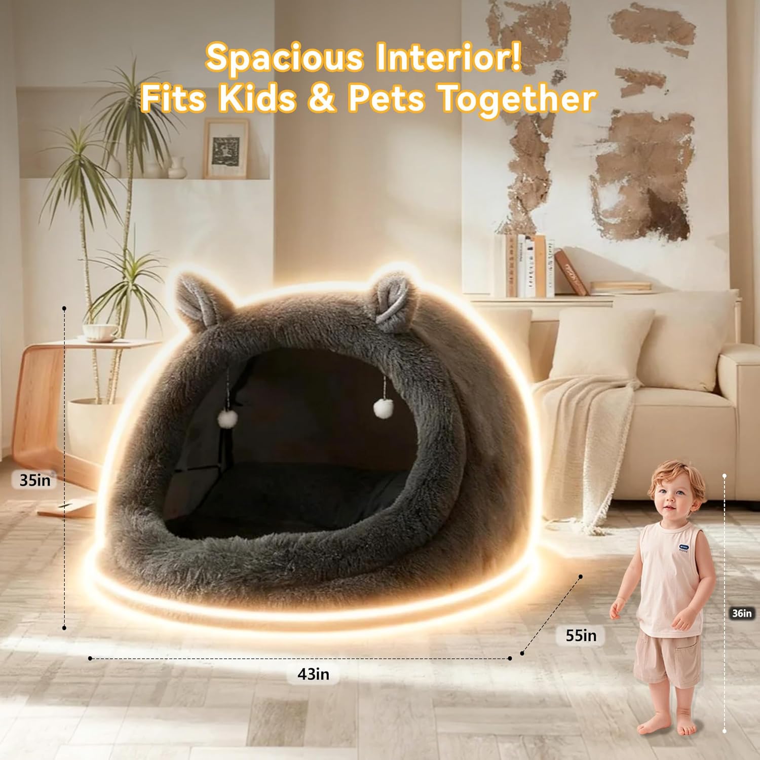 

Jumbo Plush Pet Bed with Canopy - 55 x43 x35 , Gray, Removable Pillow & Blanket, Machine Washable, Bunny Ear Design United States