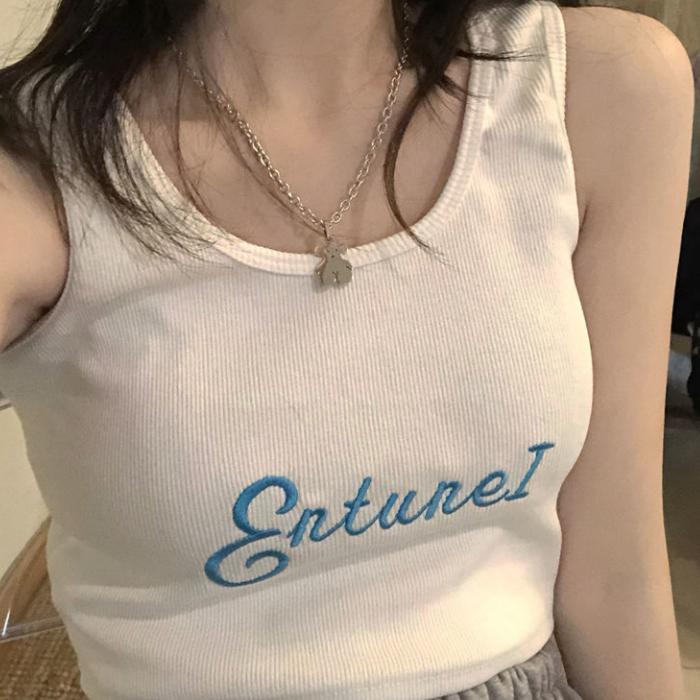 Vest Women Wear Letter Embroidery Outside and Fit BF Short Suspender Top Inside