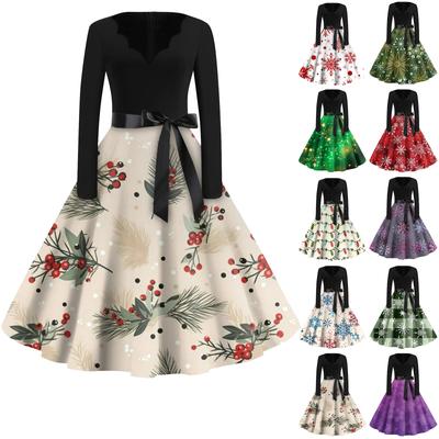 Women's Fashion V-Neck Casual Slim Christmas Printed Long Sleeve Dresses