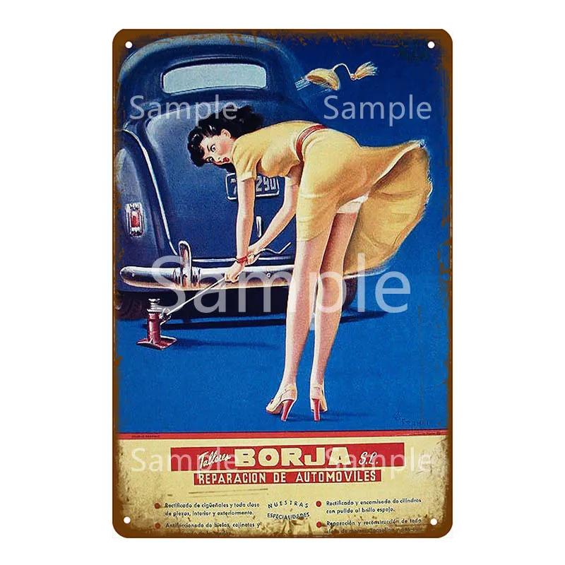 Plakat na ścianę garażu Samochód Pin Up Girl Retro Vintage Dekoracja Metalowy Blaszany Znak Do Jaskini Mężczyzny Sklepu Klubu Baru Dekoracja Ścienna YL078