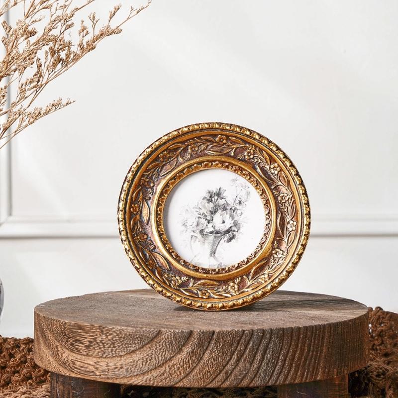 Elegant Resin Circular Picture Frame Antique Bronze Gold Florals Carving Photo Frame For Home Decoration And Desktop Display