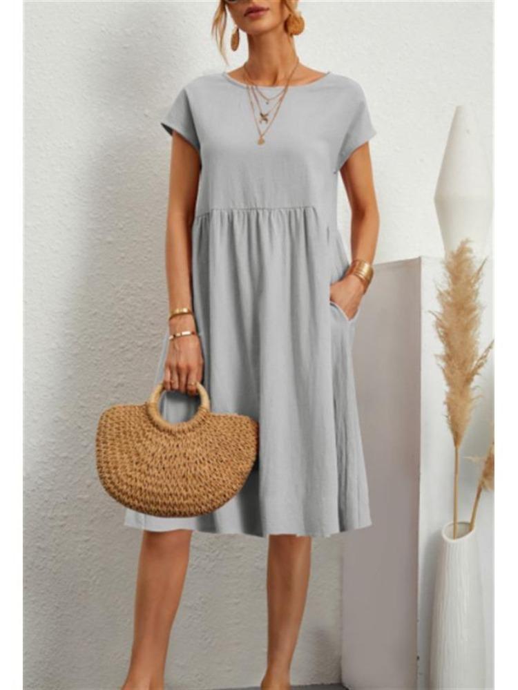 

Women s Summer Cotton Linen A-line Skirt Loose Fit Plus Size Round Neck European American Style S