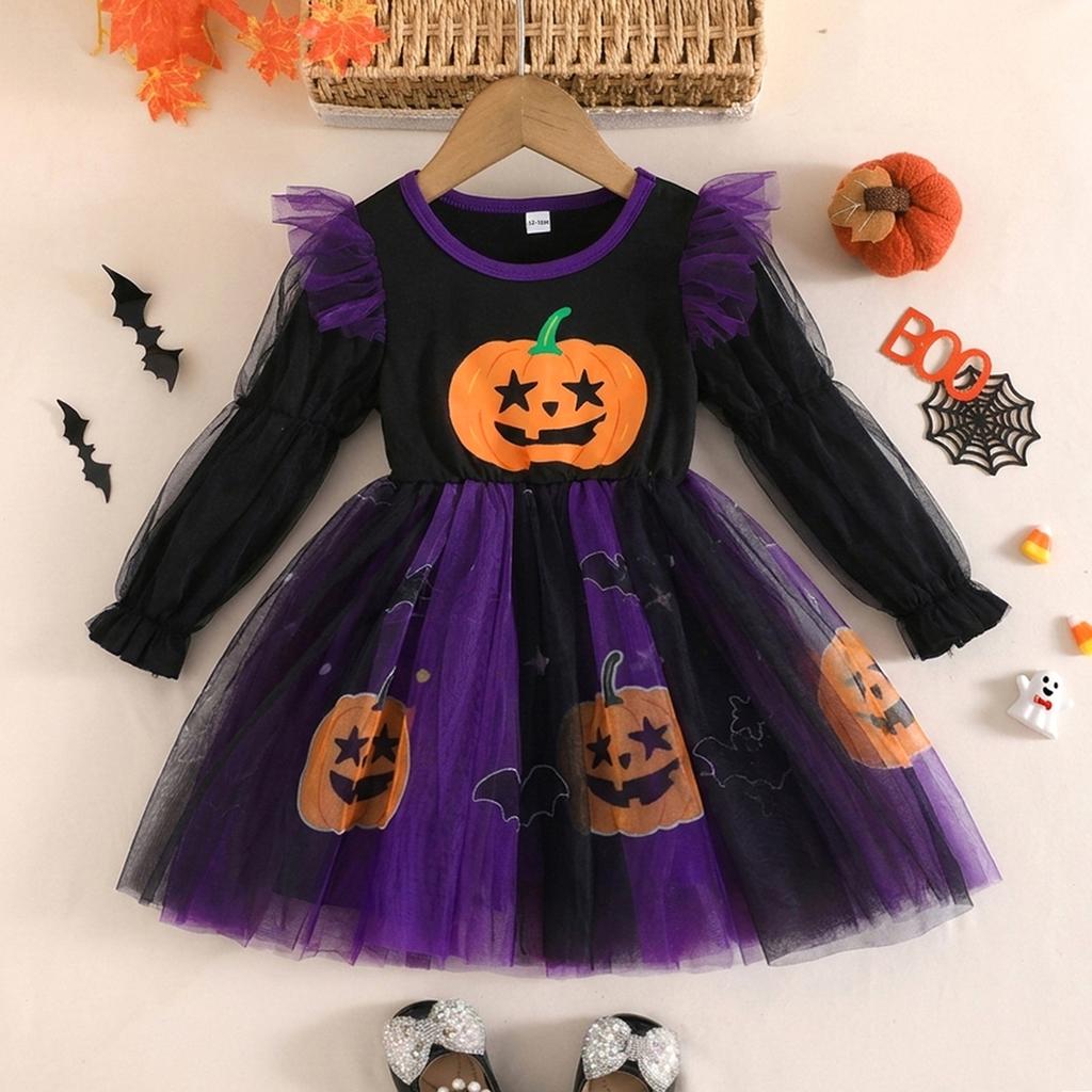 Vestito a maniche lunghe con stampa di zucche per bambina, per l'uso casual di tutti i giorni
