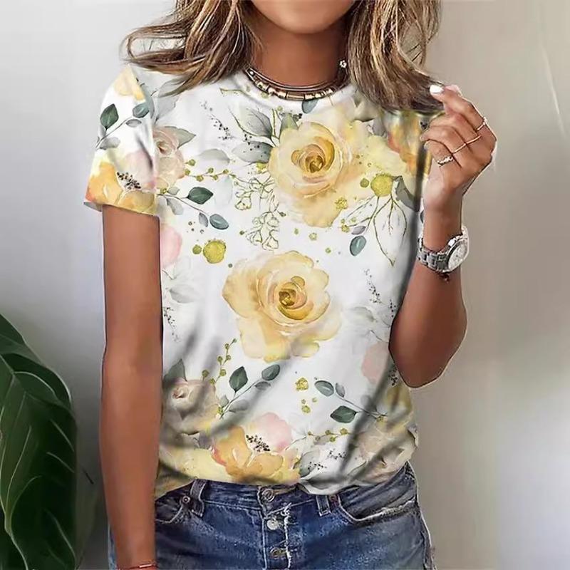 2025 Women's Street Fashion T-shirt Flower 3D Printed Short Sleeve Daily Versatile Casual Loose Round Neck Top Women's Wear