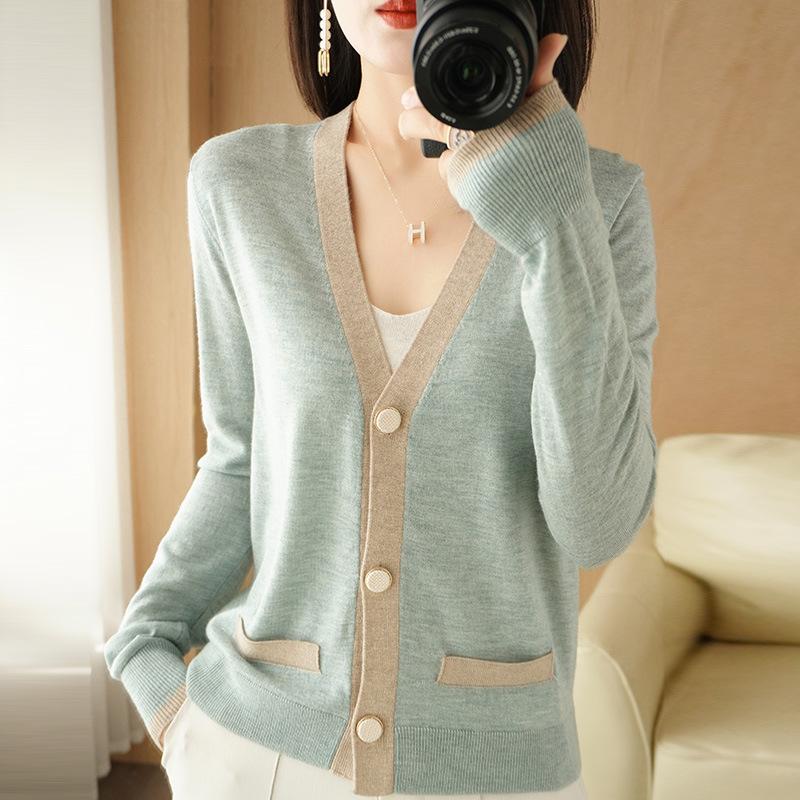 Spring V-neck Loose Knit Cardigan Women's Long Sleeved Thin Sweater Base Top