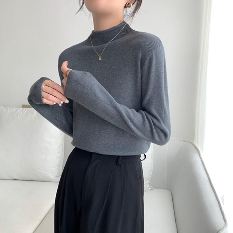 Coffee Semi-turtleneck Stacked Knitted Sweater Women's Autumn and Winter Simple Inner Long-sleeved Bottoming Top Soft Waxy Basic Sweater
