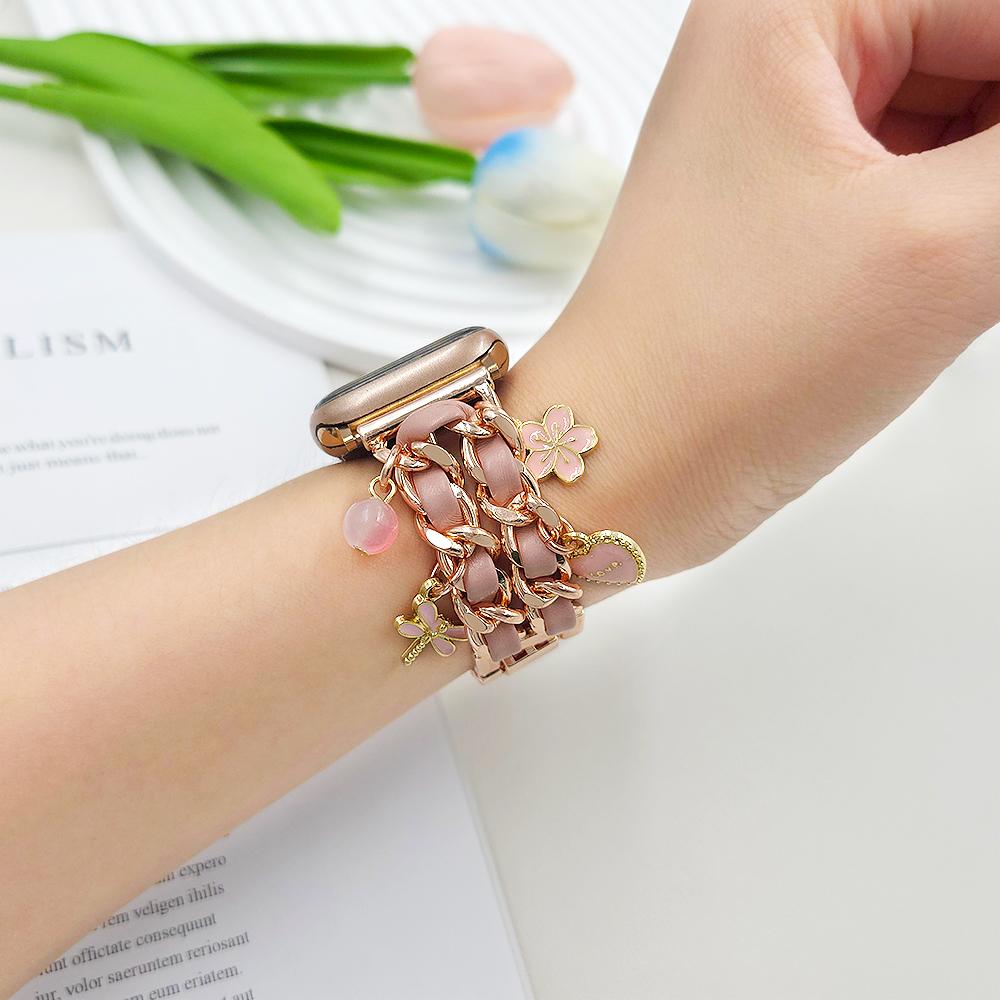 Watch Strap for Apple Watch Series 10 Ultra 9 8 7 SE 6 5 4 3 2 1 46mm 49mm 45mm 44mm 42mm Alloy+Leather Band with Butterfly and Flower Pendant