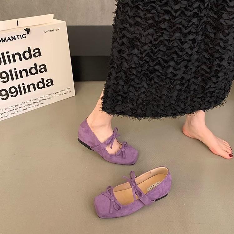 Gentle Bow Ballet Shoes with One Word French Inner Height Increase Mary Jane Shoes Women's Spring and Autumn Suede Platform Single Shoes