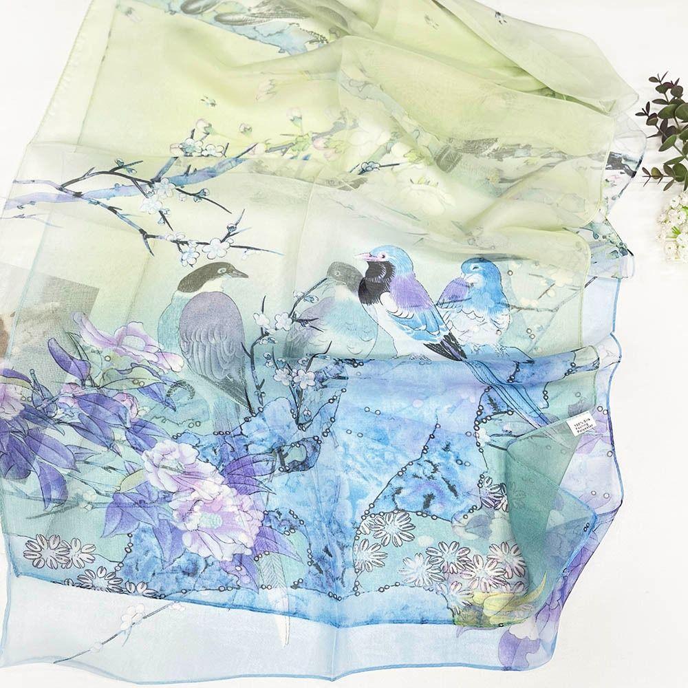 Portable Embroidered Silk Scarf Breathable Sun-Resistant Beach Shawl Silk Smooth Bandana for Women