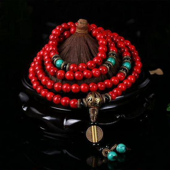 Original 108 Beads Ethnic Turquoise & Red Buddhist Mala Bracelet for Women