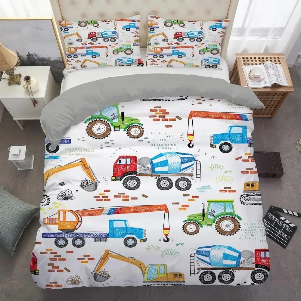 Excavator Tractor Cartoon Machinery Bulldozer Trucks Comfortable Duvet Quilt Cover Pillowcase Bedding Set Children Home Textile