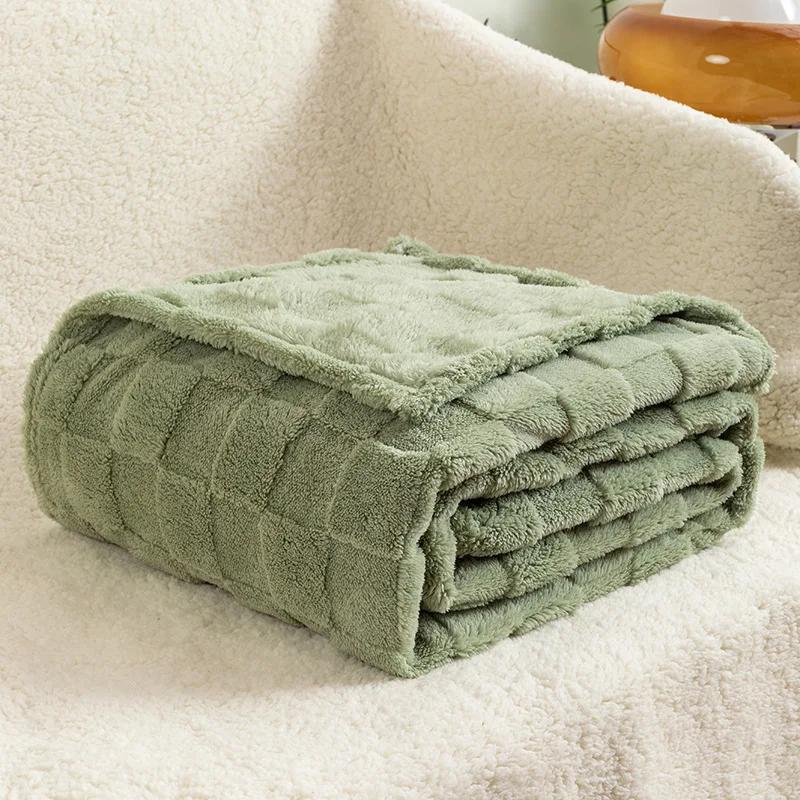 Winters Thickened Monolayer Taffu Lamb Wool Green Blanket Plaid Simple Warm Flannel Blanket for Soft Sofa Blanket Bed Cover