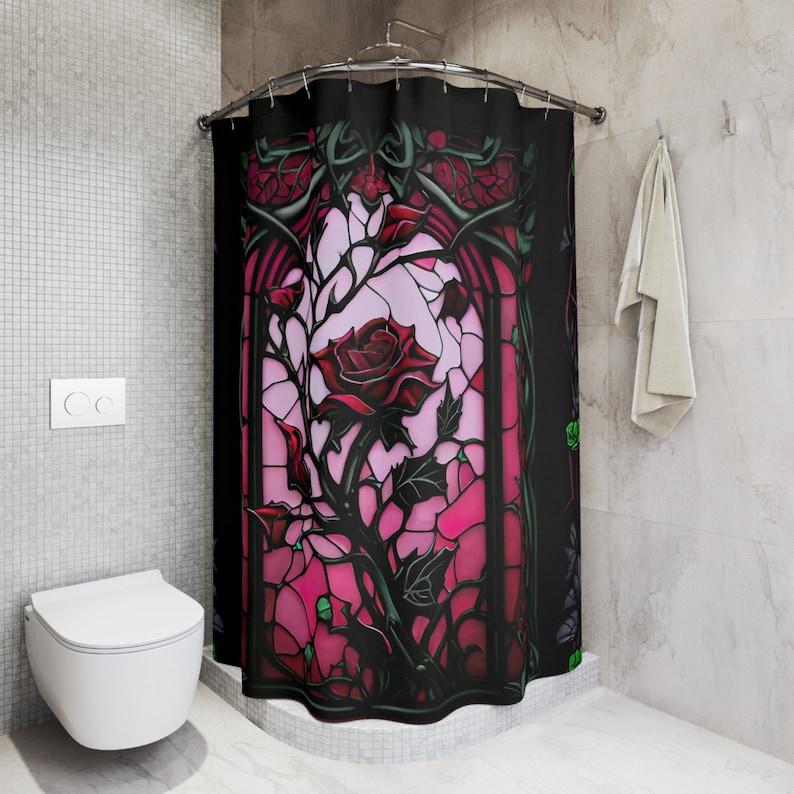 Gothic Stained Glass Rose Halloween Shower Curtain With Spooky Pattern, Waterproof Horror Bathroom Decor For Haunted Theme