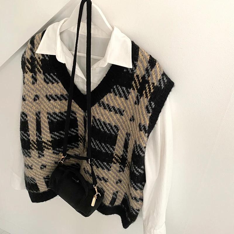 Pulover tricotat cu decolteu în V, fără mâneci, vestă în carouri, pulover pentru femei, în stil coreean, ocazional, toamnă iarnă, modă caldă, largi, topuri 30354