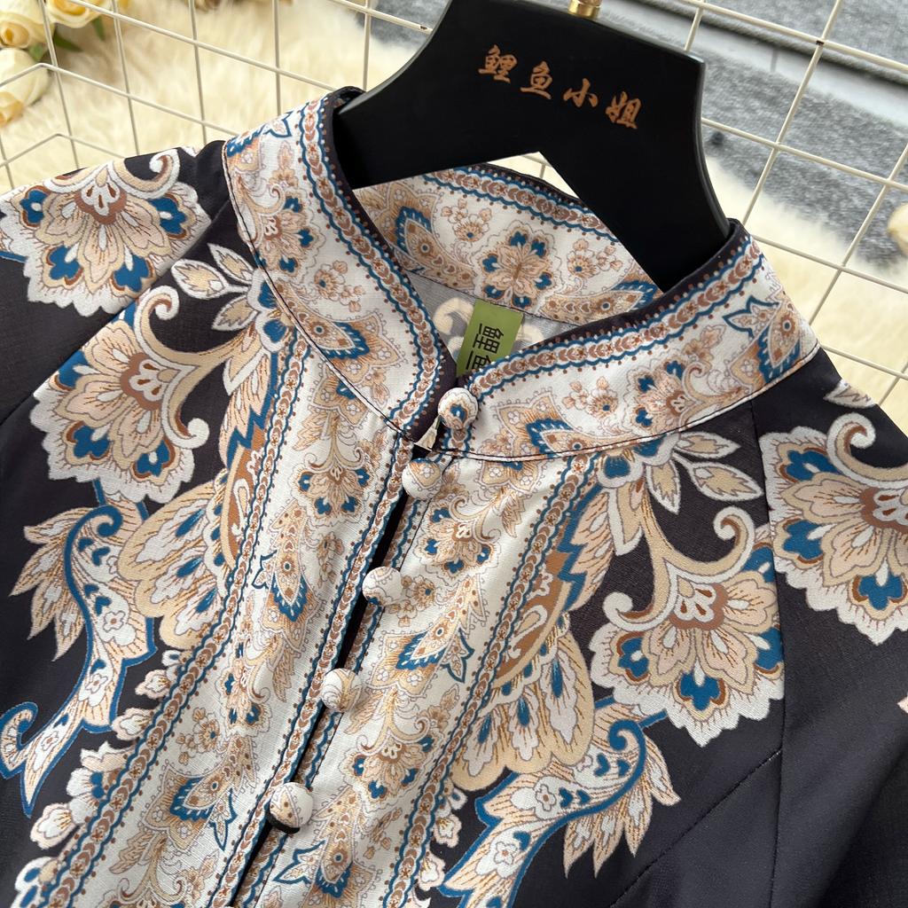 Frühling Herbst Frauen Große Größe Vintage Print Einreiher Lange Maxi Urlaub Party Kleider mit Gürtel