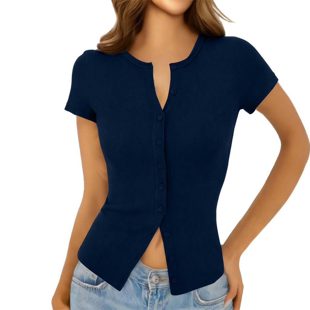 Top da Donna Estivo A Coste Slim Fit con Bottoni Manica Corta Girocollo T-shirt Basica Casual Leggera
