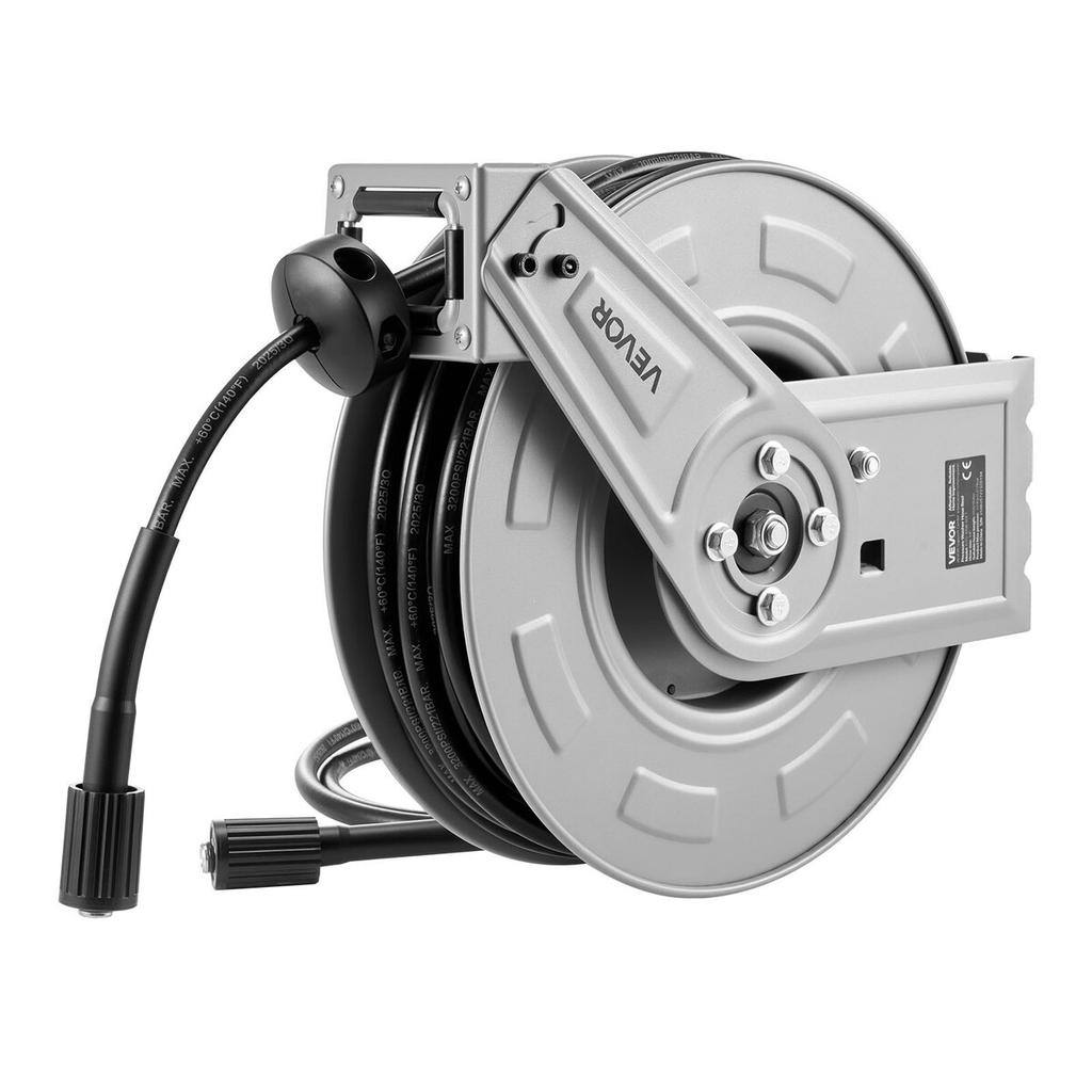 Pressure Washer Hose Reel, 19.8 M X 6.4 Mm Retractable Power Heavy-Duty Steel Washer Hose Reel, 3200PSI Max, Auto-Rewinding, Flexible Wall/Floor