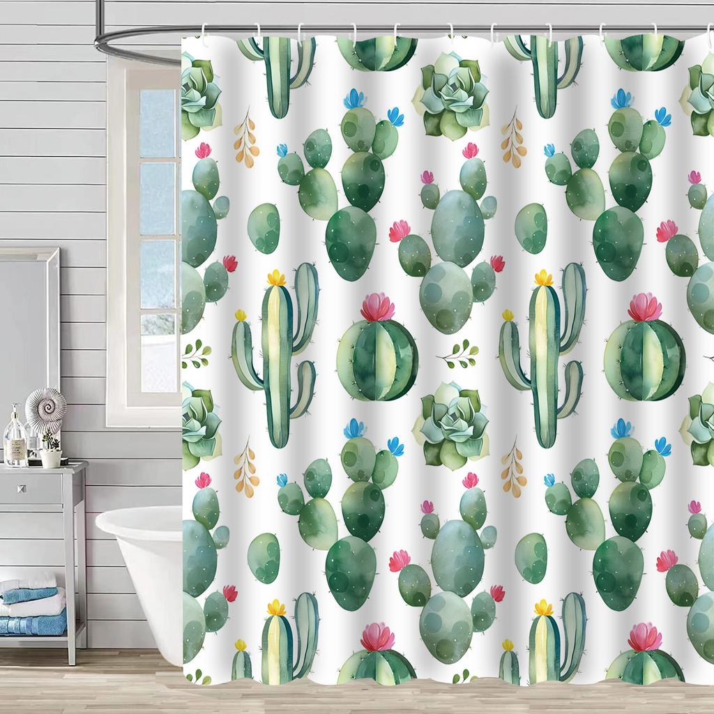 Shower Curtain Waterproof and Mildew-proof Digital Printing Cactus Bath Shower Curtain Bathroom Partition Curtain Free Punching