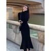 Autumn and winter with a coat, high-end sense, thin semi-turtleneck black dress, temperament fishtail skirt inside