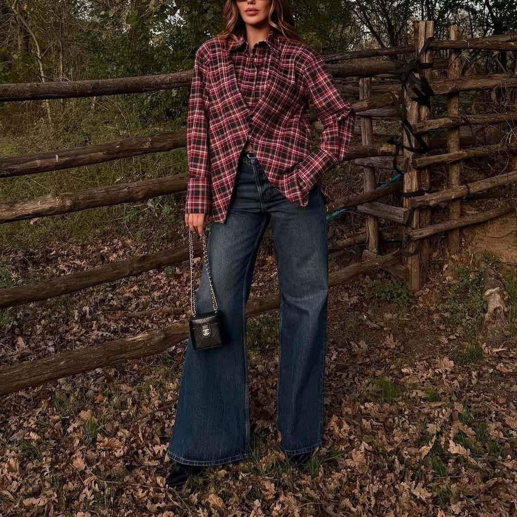 2026 Spring Collection: European & American Style Plaid Shirt - Chic, Casual, Retro Design with Waist-Cinching for a Trendy Look