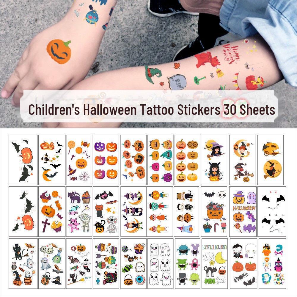 Halloween Kids' Waterproof Cartoon Tattoo Stickers - Cute Pumpkin, Ghost, and Skull Designs for Face Makeup