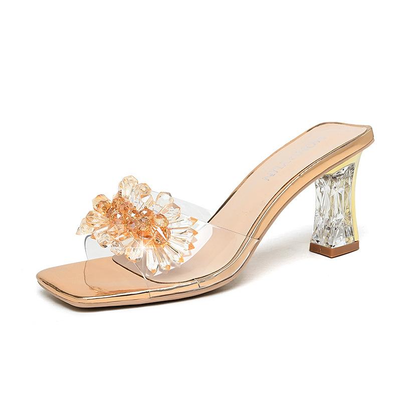 Fashion Summer Glitter Slides Shoes Women Slippers Outdoor Heeled Mules Low Jelly 2024 High Thin Basic Rubber Crystal Rome Shoes