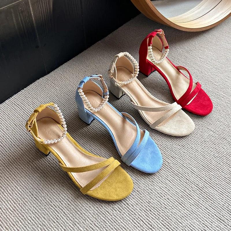 2025 Summer Pearl Low-heeled French Sandals Summer with Skirts High-end Small Heel Women's Shoes