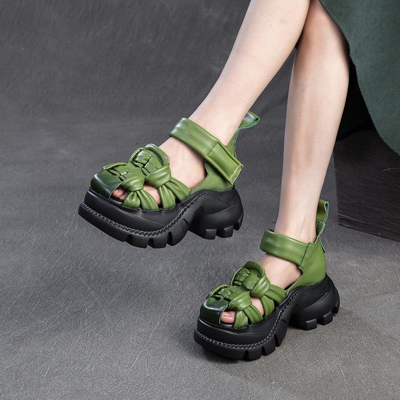 Jieshu Summer New Niche Style Muffin and First-layer Cowhide Sandals Comfortable Woven Breathable Retro Women's Shoes